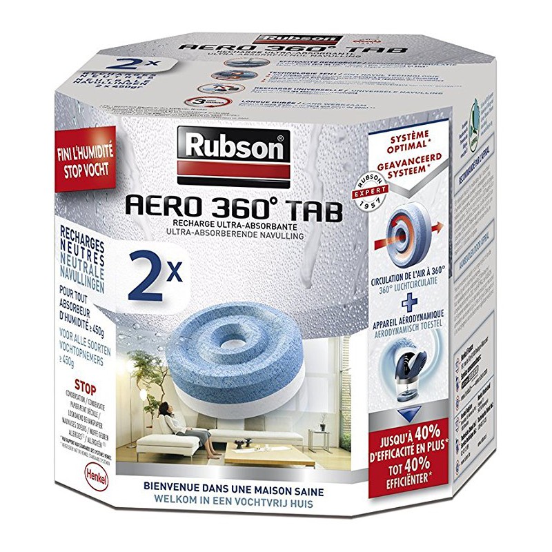 Rubson AERO 360° Recharges en tabs neutres pour absorbeur d'humidité,  recharges pour déshumidificateurs AERO 360° ultra absorbantes et anti  odeurs, 4 x 450 g : : Cuisine et Maison