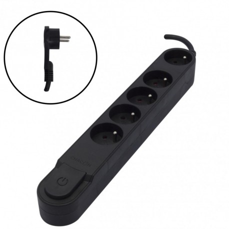 Bloc multiprises fiche coudée CHACON 5 prises noir avec interrupteur 1,5 m